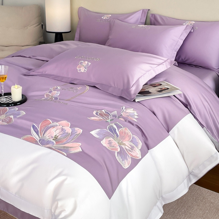 91家纺网 家纺一手货源 找家纺 （总）润锦云 2026新款A类全棉纯棉刺绣拼角四件套-栀梦