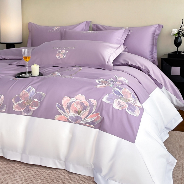 91家纺网 家纺一手货源 找家纺 （总）润锦云 2026新款A类全棉纯棉刺绣拼角四件套-栀梦