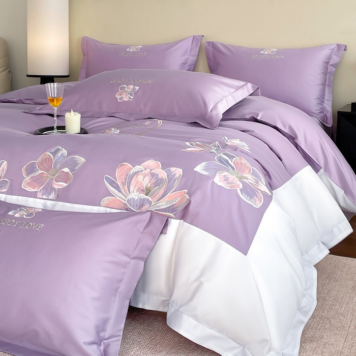 91家纺网 家纺一手货源 找家纺 润锦云 2026新款A类全棉纯棉刺绣拼角四件套-栀梦 栀梦-香芋紫+奶白