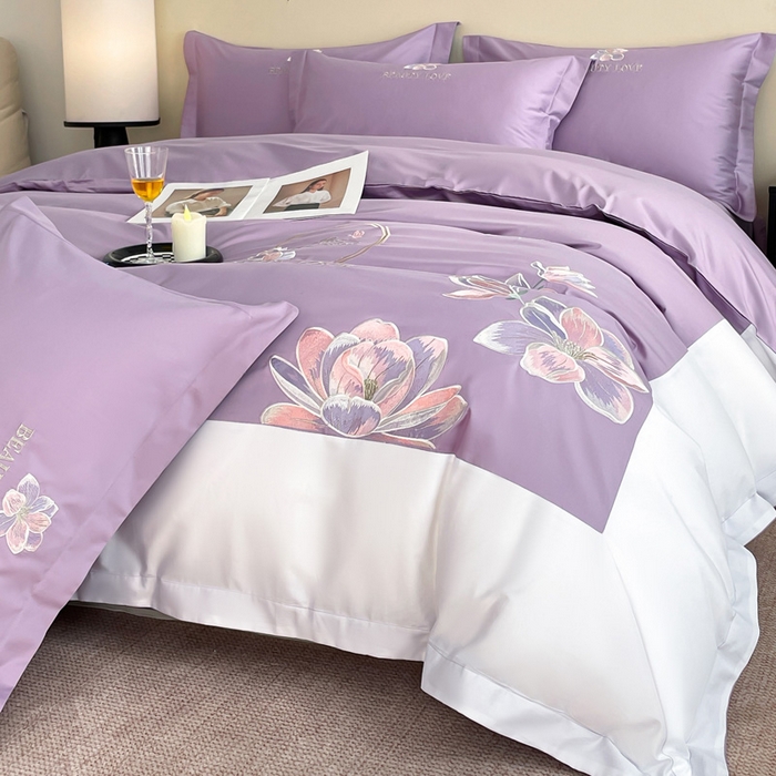 91家纺网 家纺一手货源 找家纺 润锦云 2026新款A类全棉纯棉刺绣拼角四件套-栀梦 栀梦-香芋紫+奶白