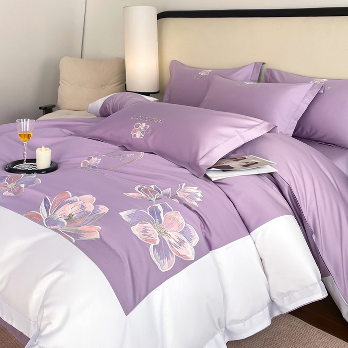 91家纺网 家纺一手货源 找家纺 润锦云 2026新款A类全棉纯棉刺绣拼角四件套-栀梦 栀梦-香芋紫+奶白