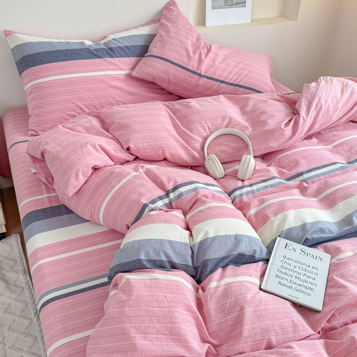 91家纺网 家纺一手货源 找家纺 佑佳家纺 2026新款全棉色织水洗棉四件套 马里奥-粉