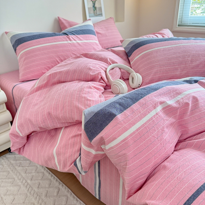 91家纺网 家纺一手货源 找家纺 佑佳家纺 2026新款全棉色织水洗棉四件套 马里奥-粉