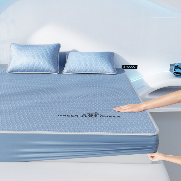 91家纺网 家纺一手货源 找家纺 福来临家纺 2026新款蜂窝科技凉感席-床笠款 蜂窝款-浅蓝床笠款