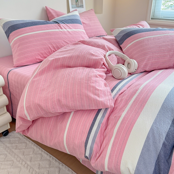 91家纺网 家纺一手货源 找家纺 佑佳家纺 2026新款全棉色织水洗棉四件套 马里奥-粉