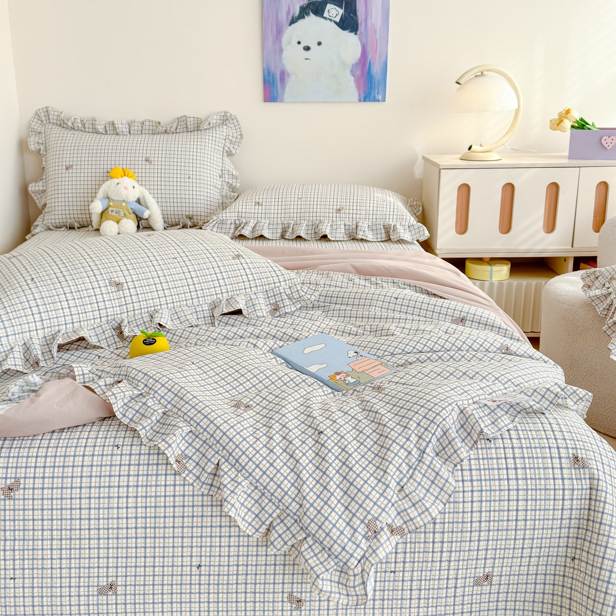 91家纺网 家纺一手货源 找家纺 归属 2026春夏新款古法仿棉床盖夏被四件套夏凉被空调被系列 格子兔儿