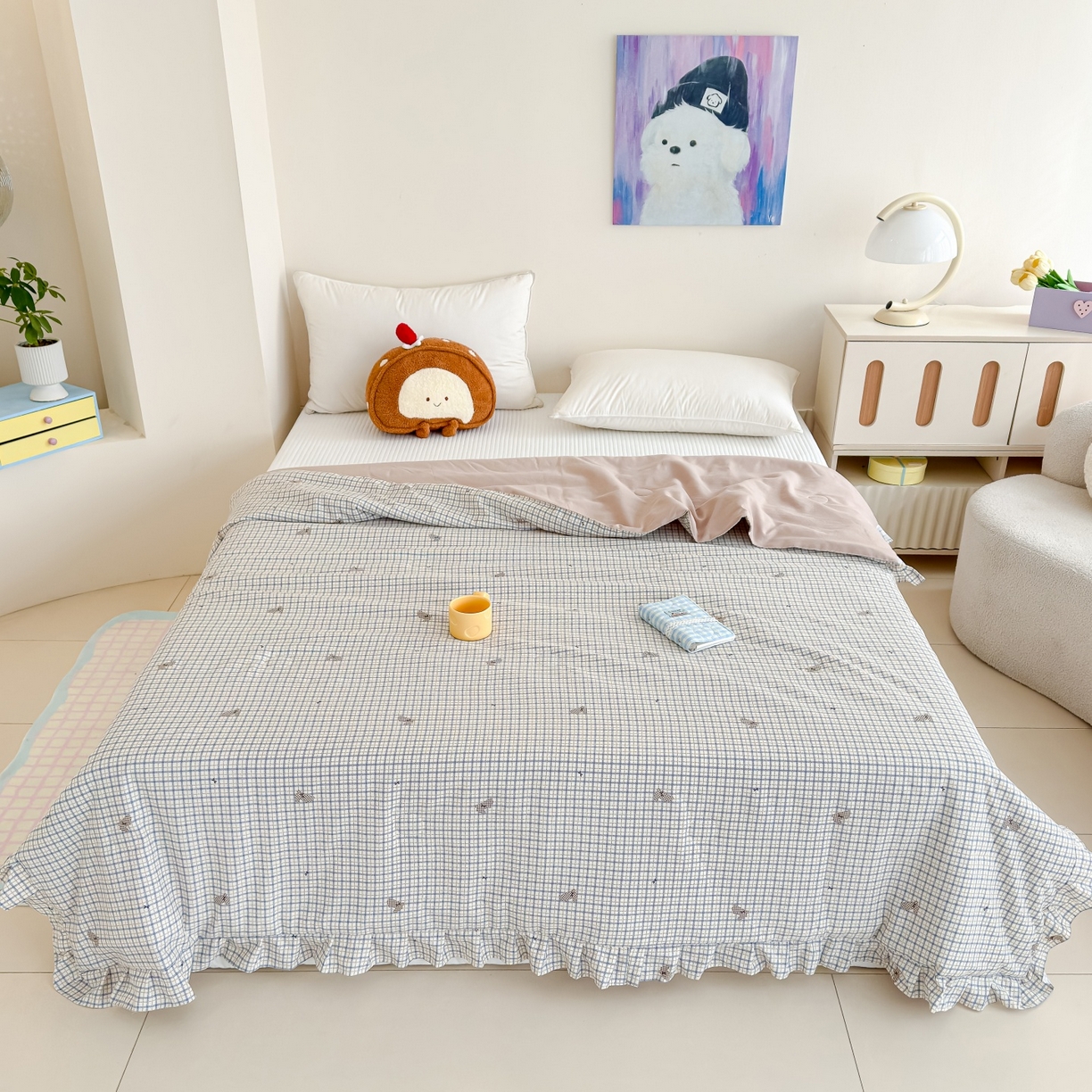 91家纺网 家纺一手货源 找家纺 归属 2026春夏新款古法仿棉床盖夏被四件套夏凉被空调被系列 格子兔儿