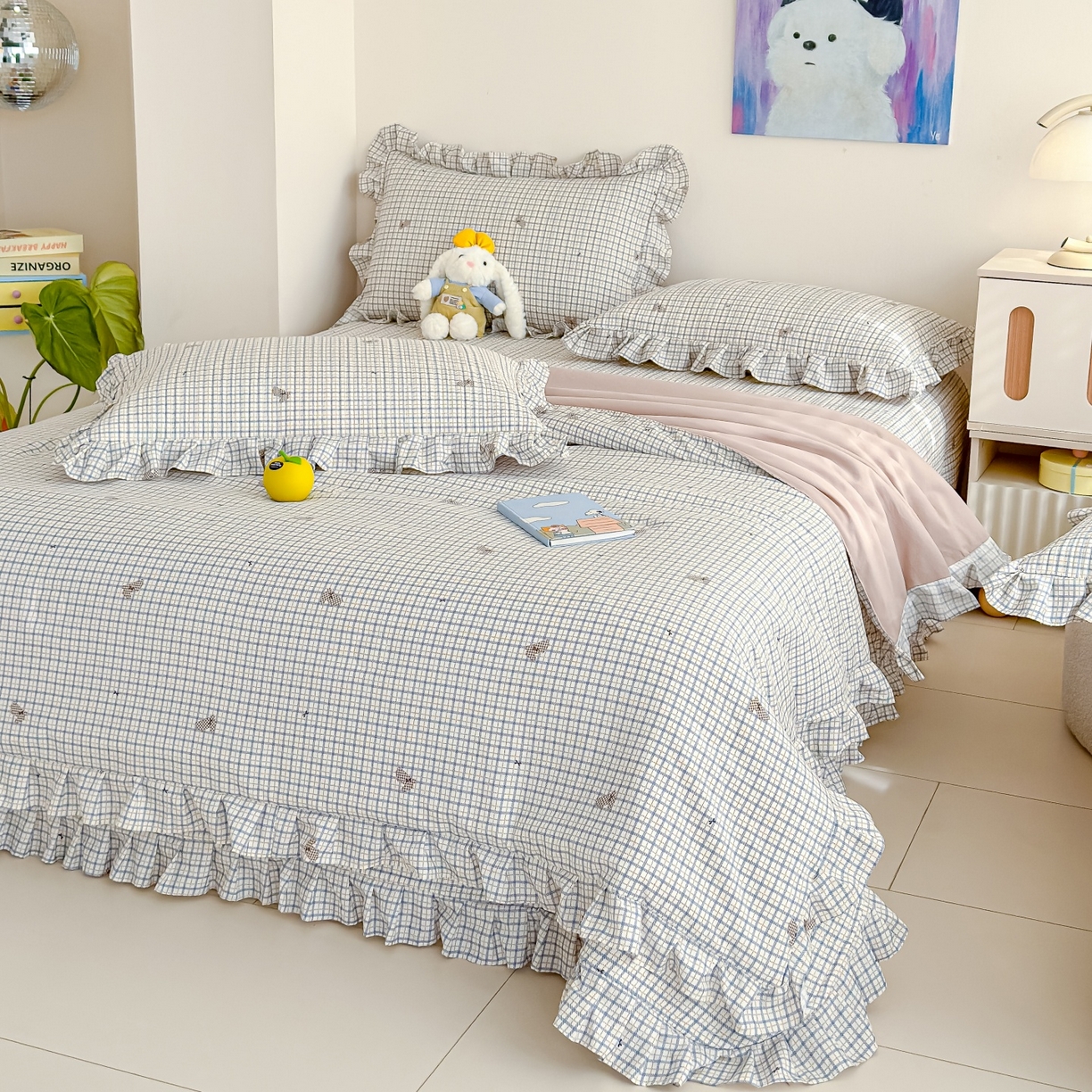 91家纺网 家纺一手货源 找家纺 归属 2026春夏新款古法仿棉床盖夏被四件套夏凉被空调被系列 格子兔儿