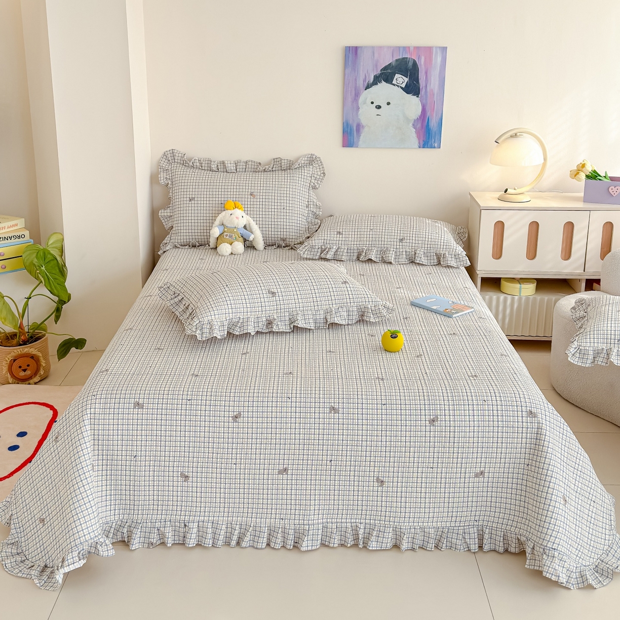 91家纺网 家纺一手货源 找家纺 归属 2026春夏新款古法仿棉床盖夏被四件套夏凉被空调被系列 格子兔儿