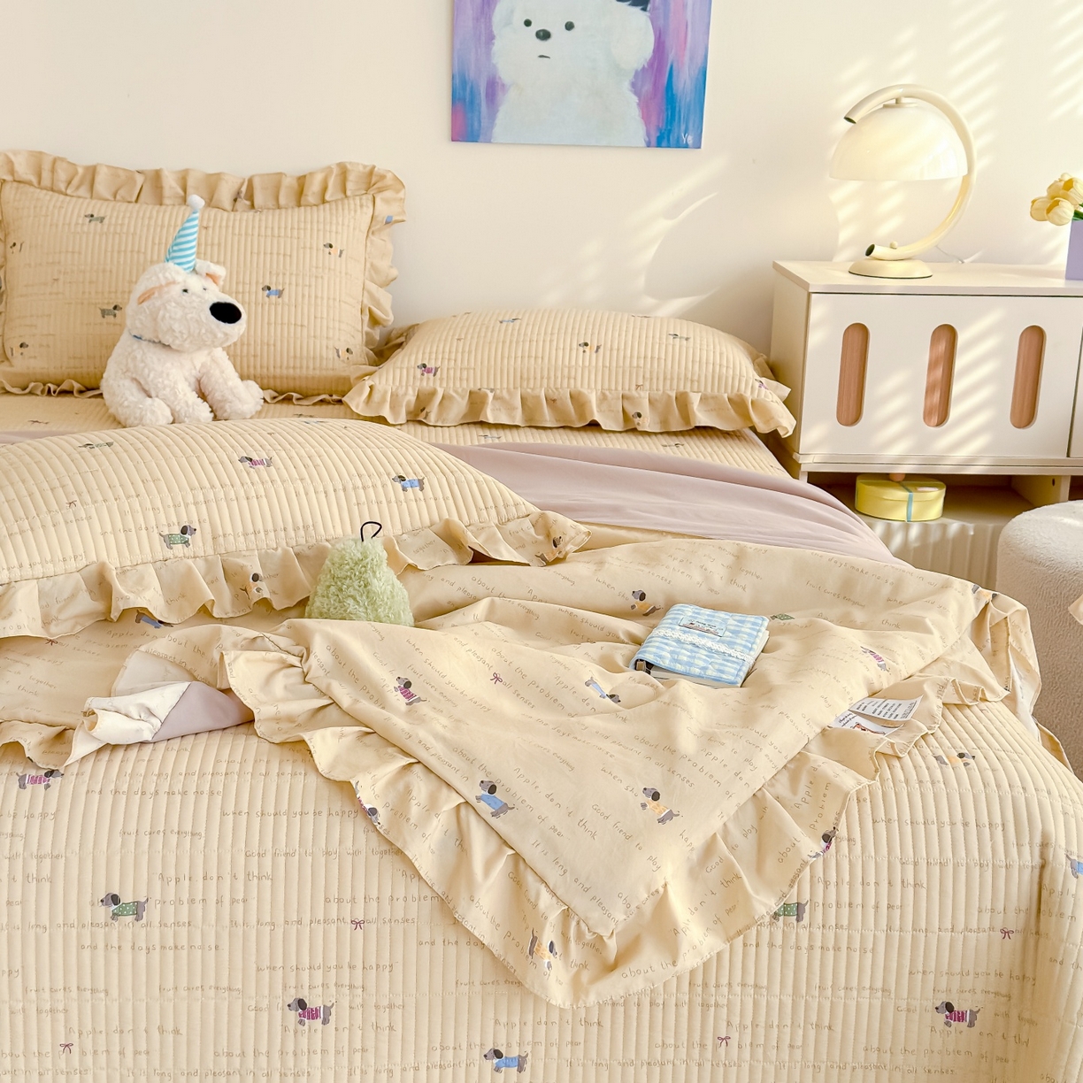 91家纺网 家纺一手货源 找家纺 归属 2026春夏新款古法仿棉床盖夏被四件套夏凉被空调被系列 狗狗家族