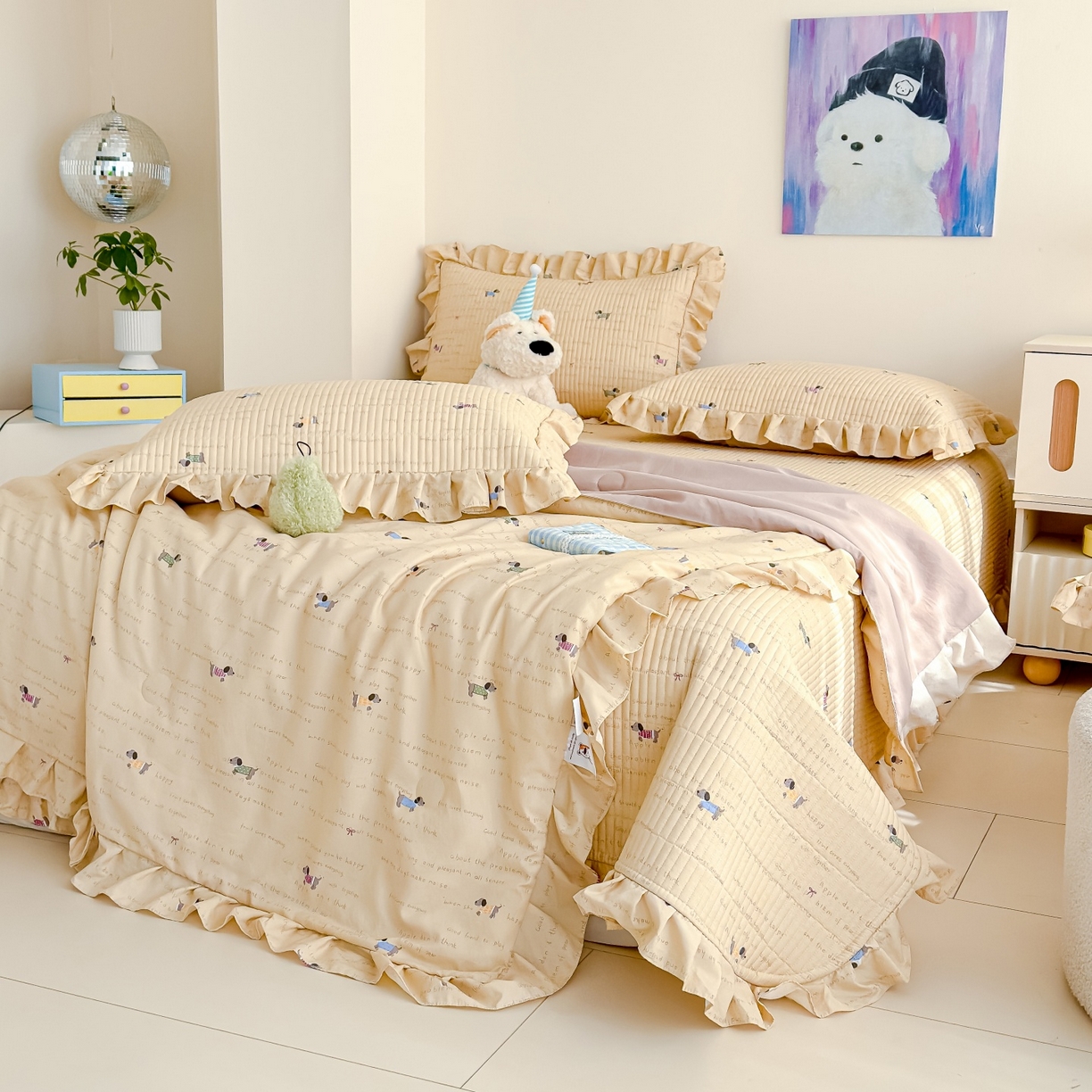 91家纺网 家纺一手货源 找家纺 归属 2026春夏新款古法仿棉床盖夏被四件套夏凉被空调被系列 狗狗家族