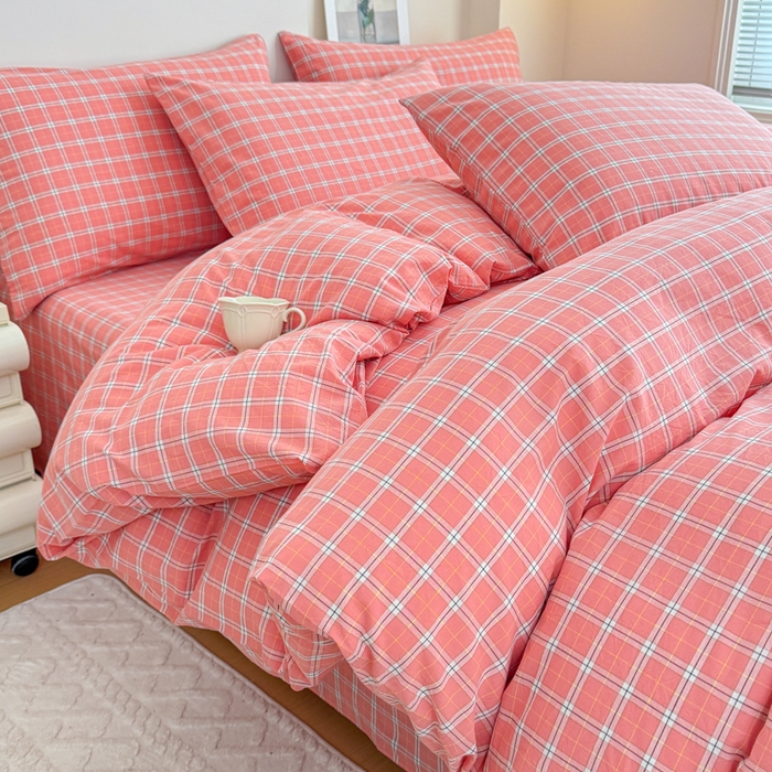 91家纺网 家纺一手货源 找家纺 佑佳家纺 2026新款全棉色织床笠款四件套 羽梦-粉