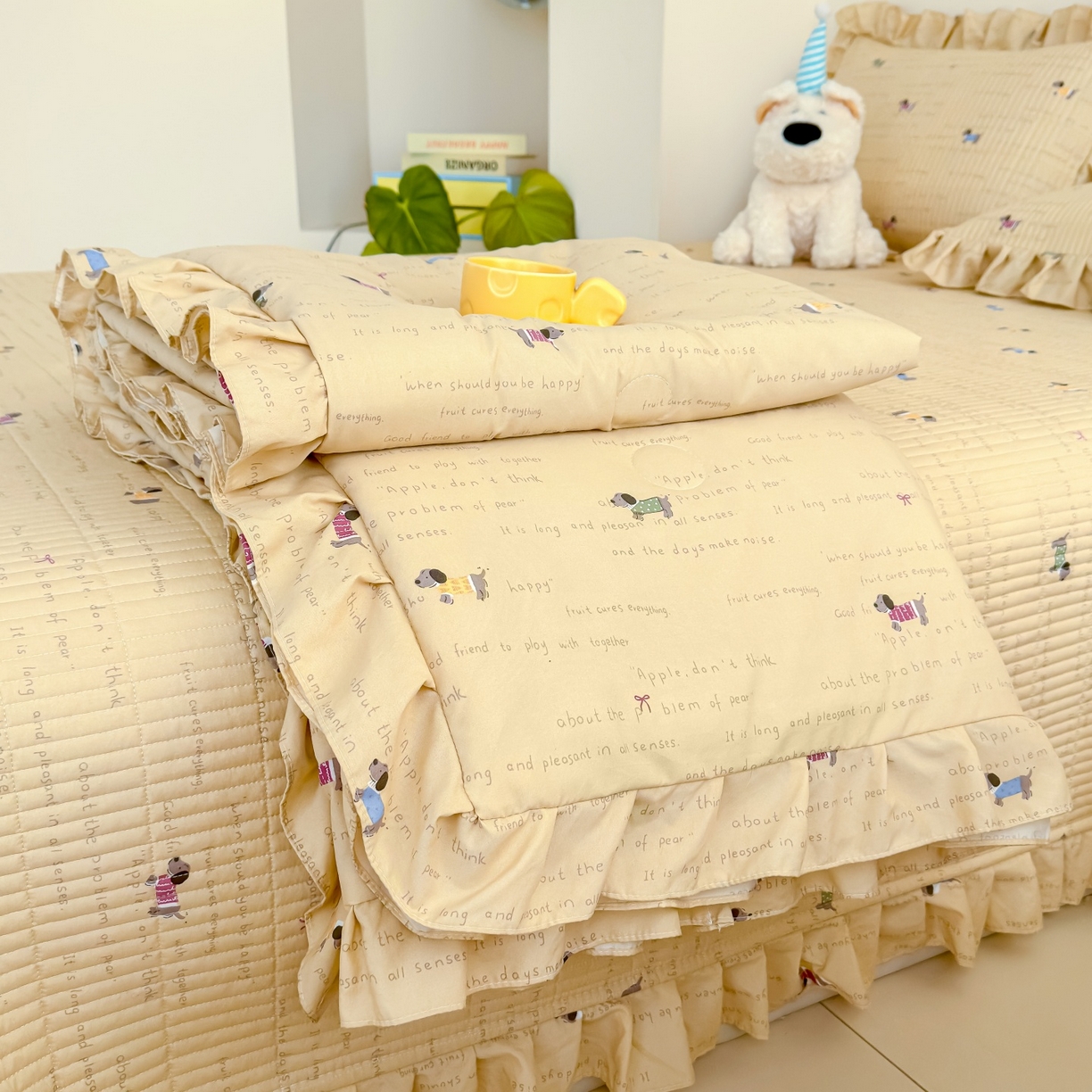 91家纺网 家纺一手货源 找家纺 归属 2026春夏新款古法仿棉床盖夏被四件套夏凉被空调被系列 狗狗家族