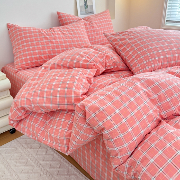 91家纺网 家纺一手货源 找家纺 佑佳家纺 2026新款全棉色织水洗棉四件套 羽梦-粉