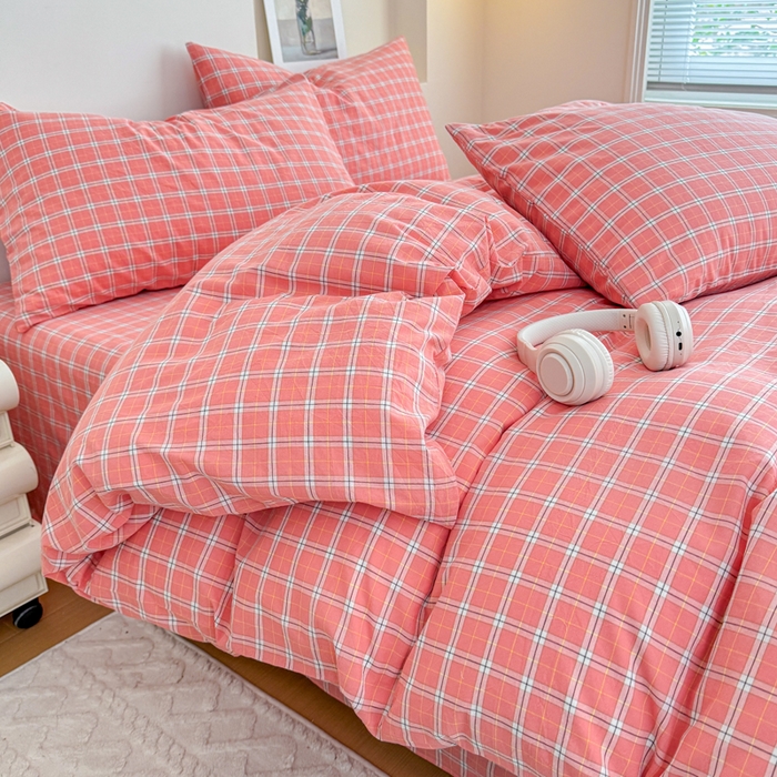 91家纺网 家纺一手货源 找家纺 佑佳家纺 2026新款全棉色织水洗棉四件套 羽梦-粉