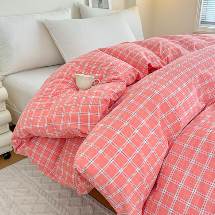 91家纺网 家纺一手货源 找家纺 佑佳家纺 2026新款全棉色织水洗棉四件套 羽梦-粉