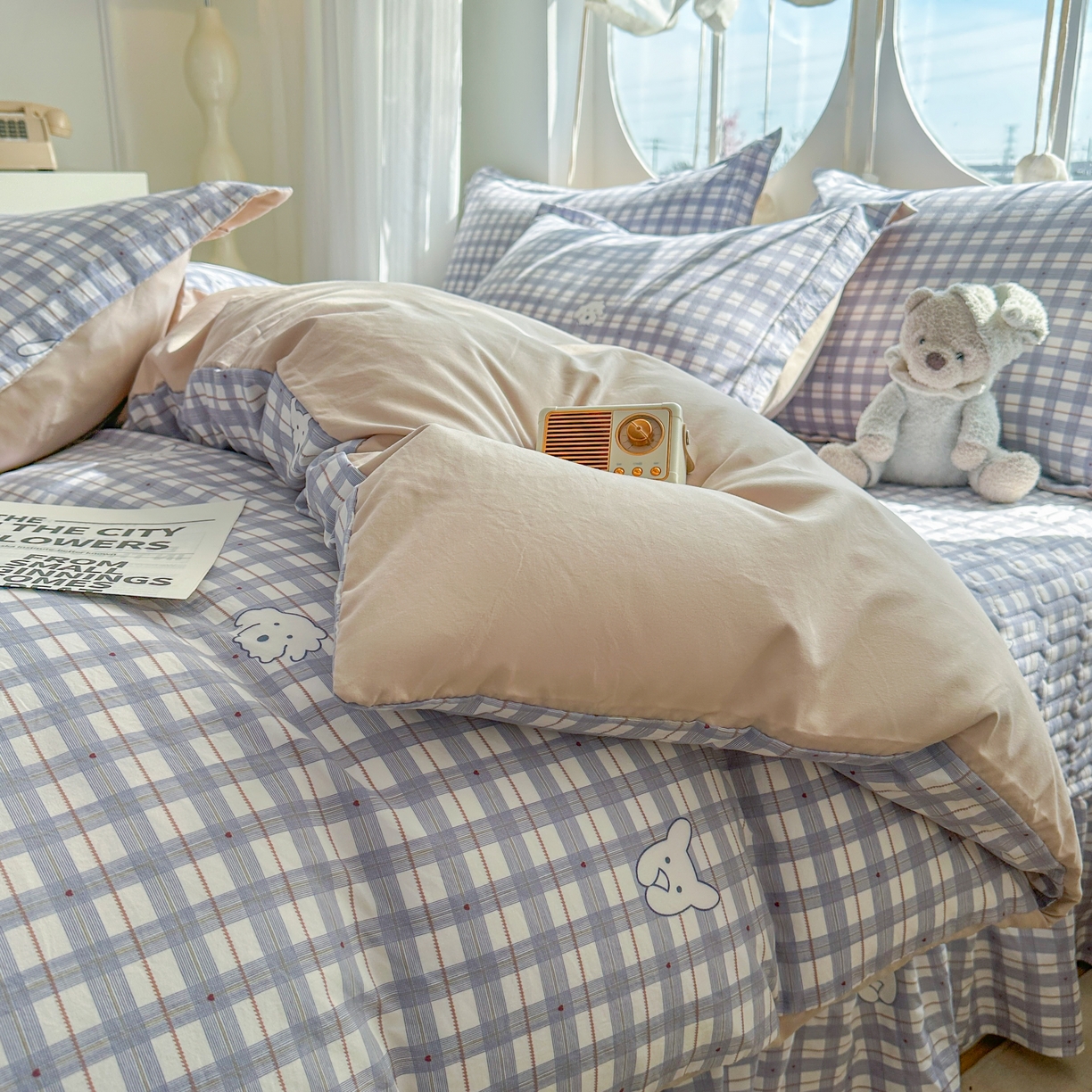 91家纺网 家纺一手货源 找家纺 花满路 2026新款床盖四件套 小蓝格