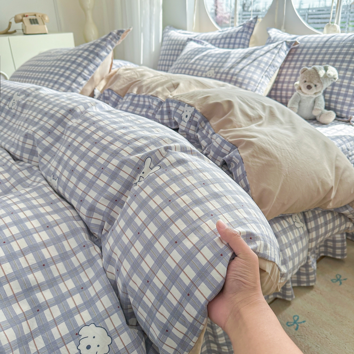 91家纺网 家纺一手货源 找家纺 花满路 2026新款床盖四件套 小蓝格