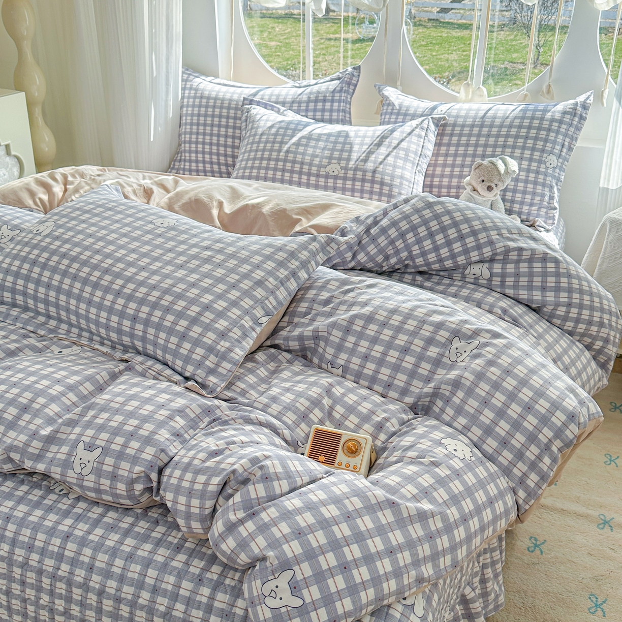 91家纺网 家纺一手货源 找家纺 花满路 2026新款床盖四件套 小蓝格