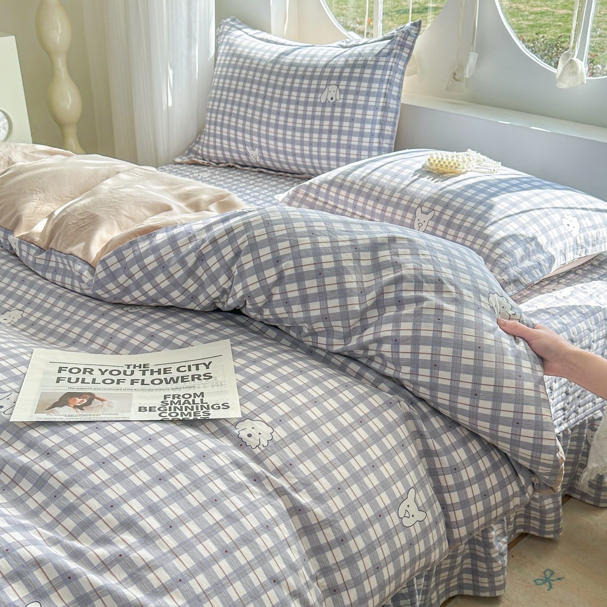 91家纺网 家纺一手货源 找家纺 花满路 2026新款床盖四件套 小蓝格