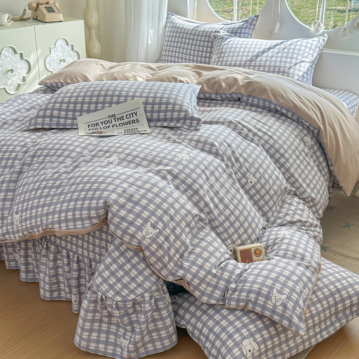 花满路 2026新款床盖四件套 小蓝格