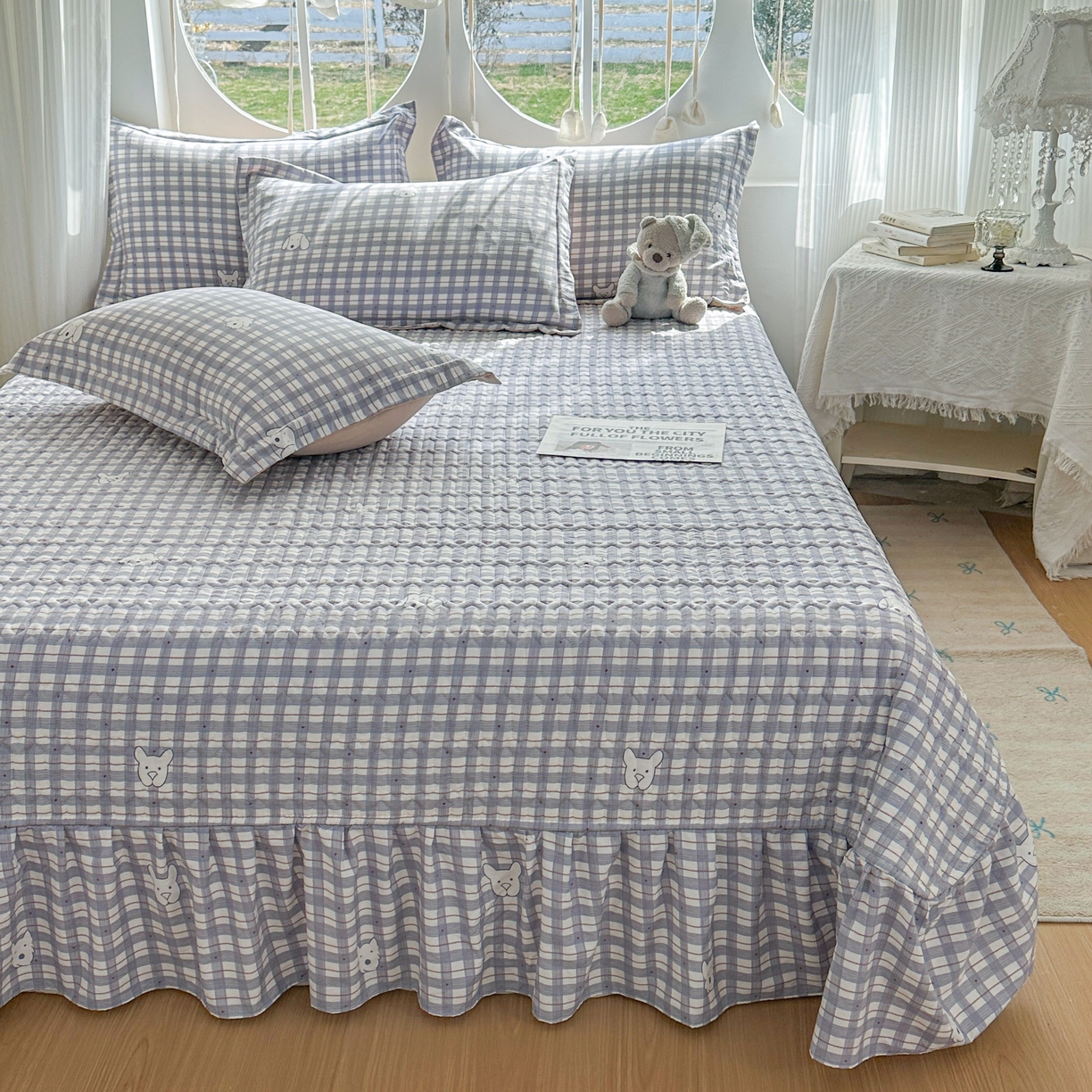 91家纺网 家纺一手货源 找家纺 花满路 2026新款床盖四件套 小蓝格