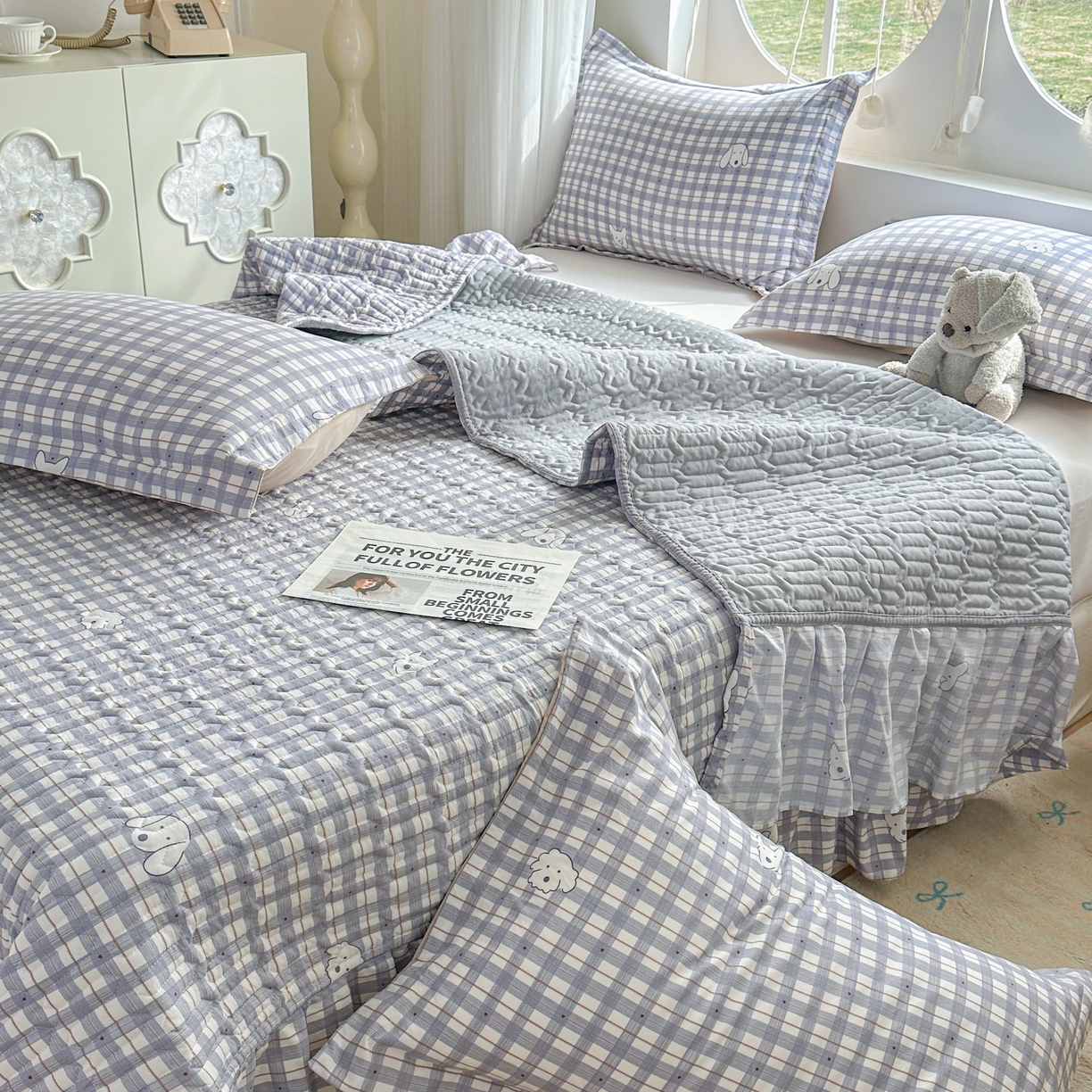 91家纺网 家纺一手货源 找家纺 花满路 2026新款床盖四件套 小蓝格