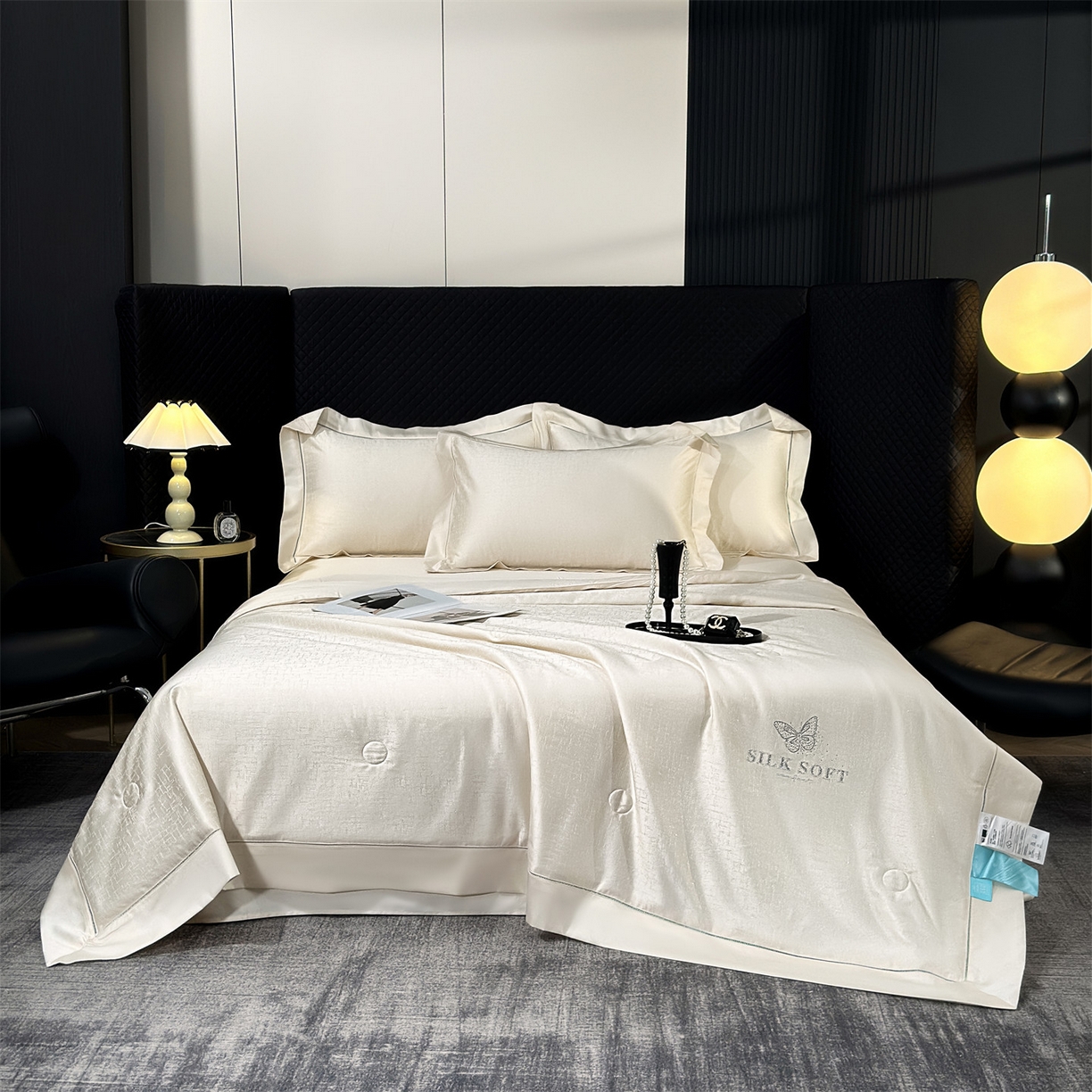 91家纺网 家纺一手货源 找家纺 岚司羽 2026春夏新款天丝棉银丝提花夏被四件套夏凉被空调被 香奢-奶米白