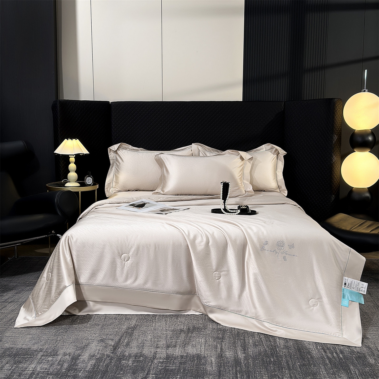 91家纺网 家纺一手货源 找家纺 岚司羽 2026春夏新款天丝棉银丝提花夏被四件套夏凉被空调被 璀璨星空-香槟