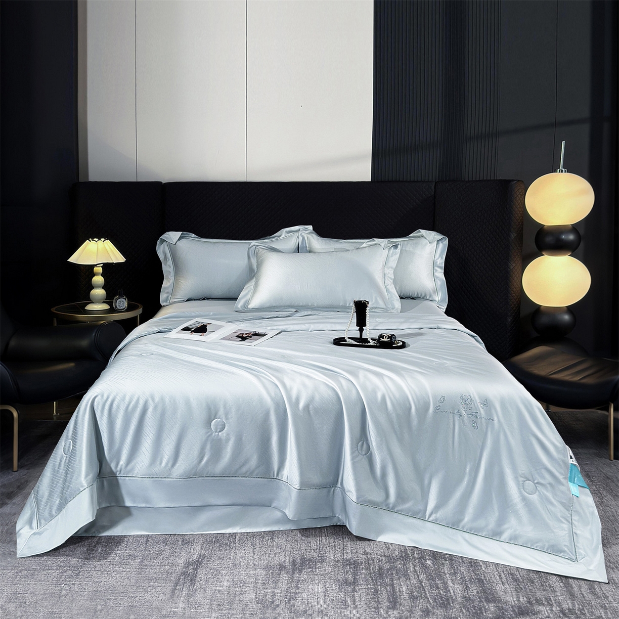 91家纺网 家纺一手货源 找家纺 岚司羽 2026春夏新款天丝棉银丝提花夏被四件套夏凉被空调被 璀璨星空 -明蓝