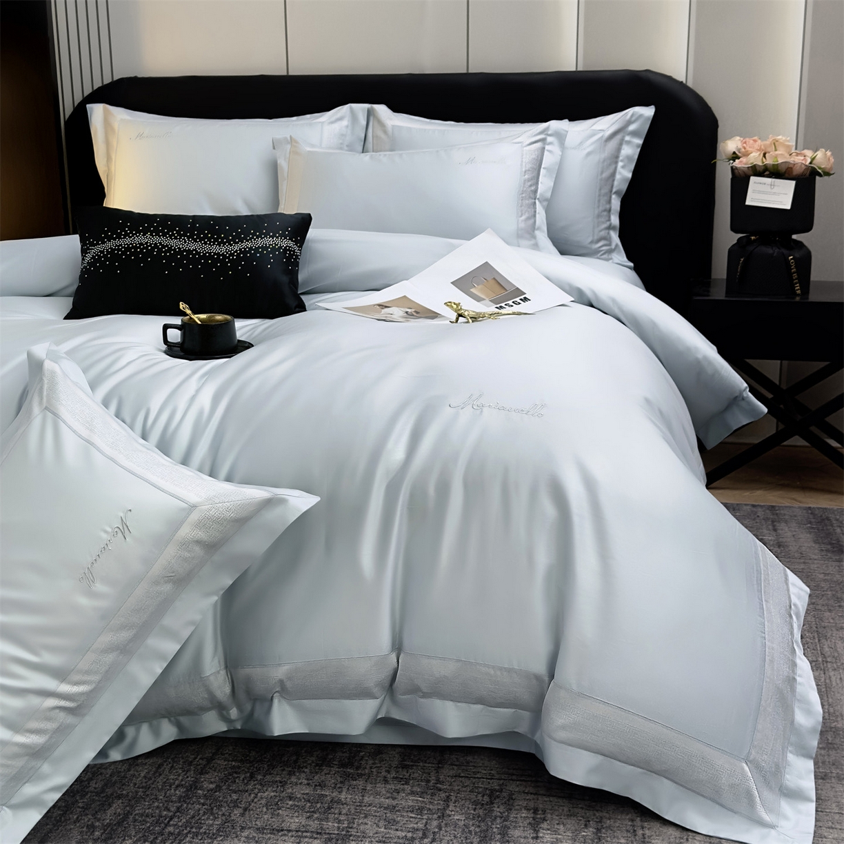 岚司羽 2026春夏新款天丝棉银丝提花绣花四件套臻雅系列 臻雅--海天蓝