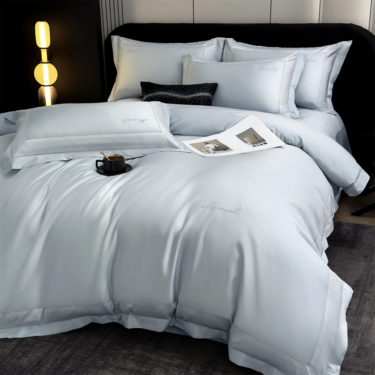 91家纺网 家纺一手货源 找家纺 岚司羽 2026春夏新款天丝棉银丝提花绣花四件套臻雅系列 臻雅--海天蓝