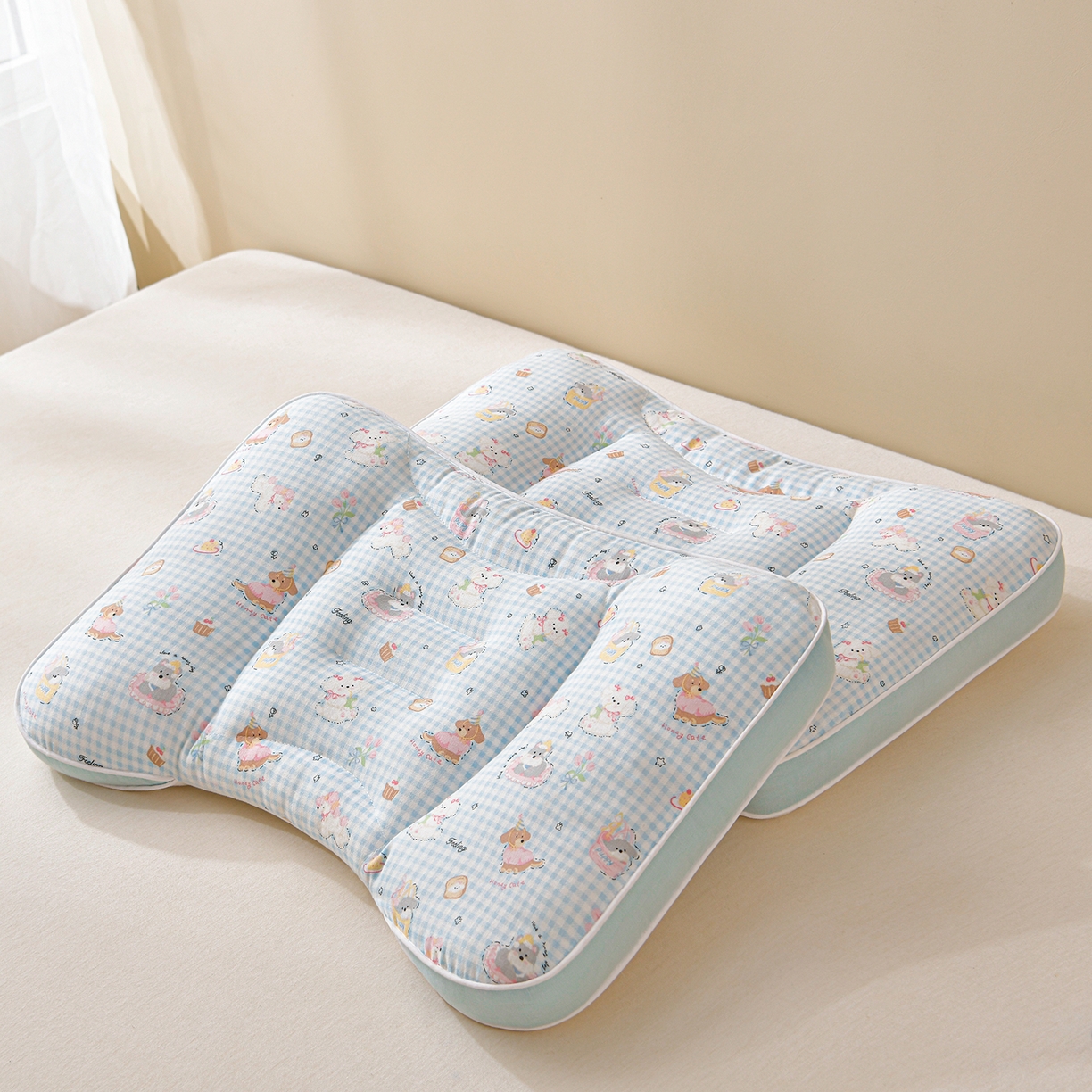 91家纺网 家纺一手货源 找家纺 小桃姐家纺 2025新款纯棉五分区定型枕 枕头枕芯 蓝色修狗