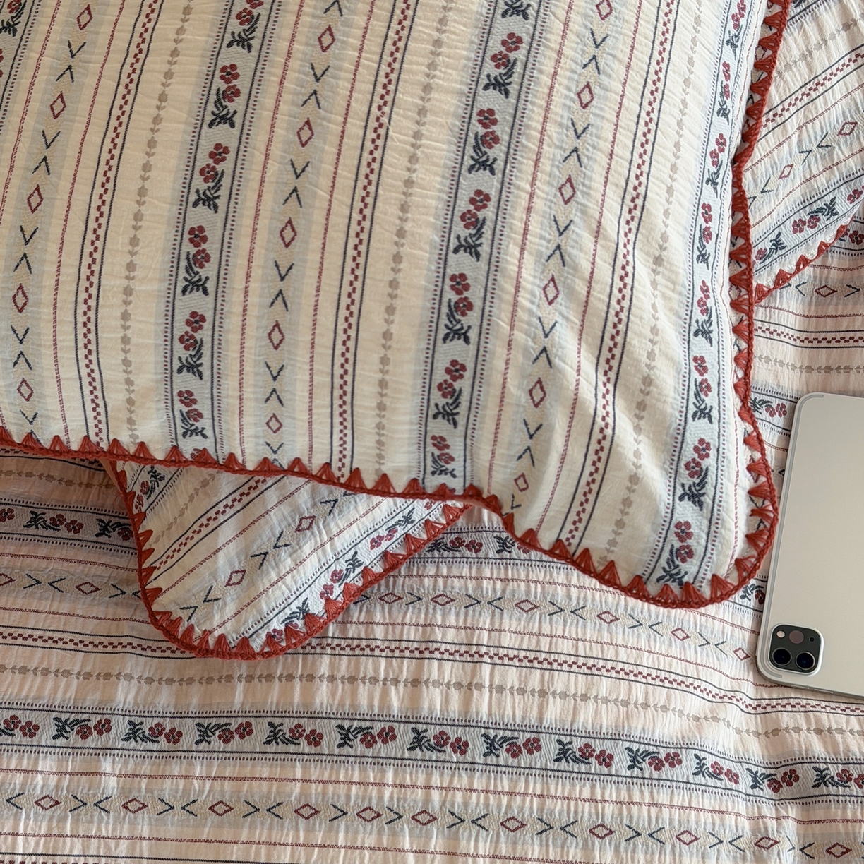 91家纺网 家纺一手货源 找家纺 觅糖家纺 2026觅糖新品色织提花三角针费尔岛5色 花间颂