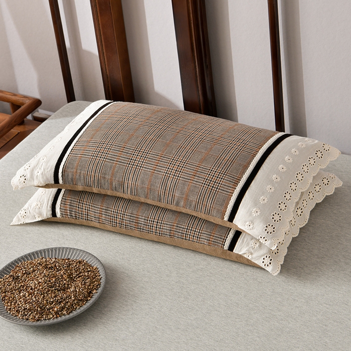 91家纺网 家纺一手货源 找家纺 小桃姐家纺 2025新款花边全棉纯棉双层纱荞麦枕枕芯枕头 咖小格