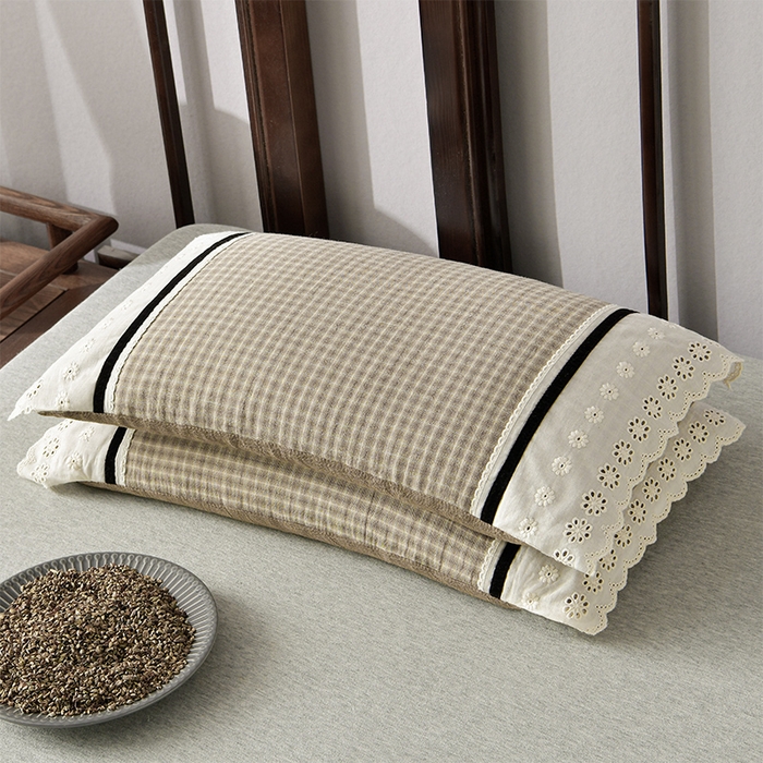 91家纺网 家纺一手货源 找家纺 小桃姐家纺 2025新款花边全棉纯棉双层纱荞麦枕枕芯枕头 绿小格