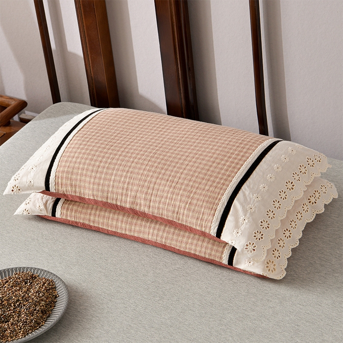 91家纺网 家纺一手货源 找家纺 小桃姐家纺 2025新款花边全棉纯棉双层纱荞麦枕枕芯枕头 粉小格