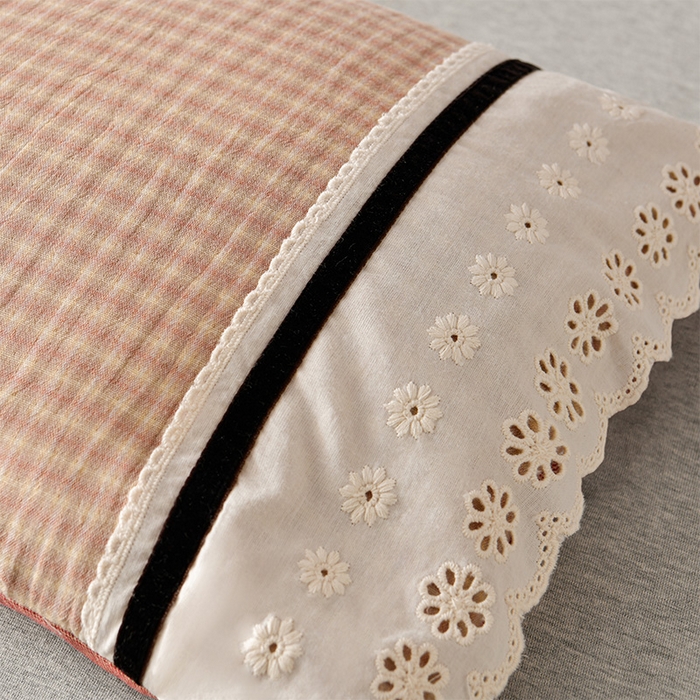 91家纺网 家纺一手货源 找家纺 小桃姐家纺 2025新款花边全棉纯棉双层纱荞麦枕枕芯枕头 粉小格