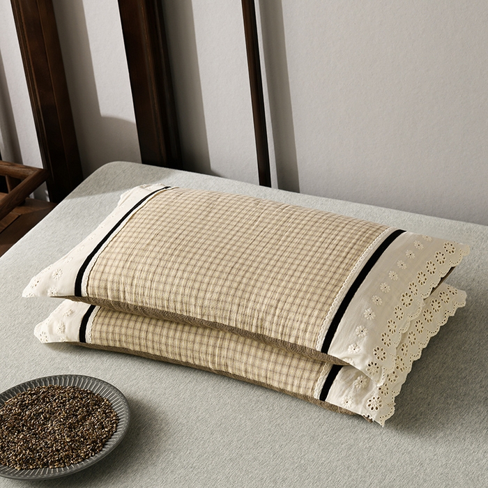 91家纺网 家纺一手货源 找家纺 小桃姐家纺 2025新款花边全棉纯棉双层纱荞麦枕枕芯枕头 黄小格