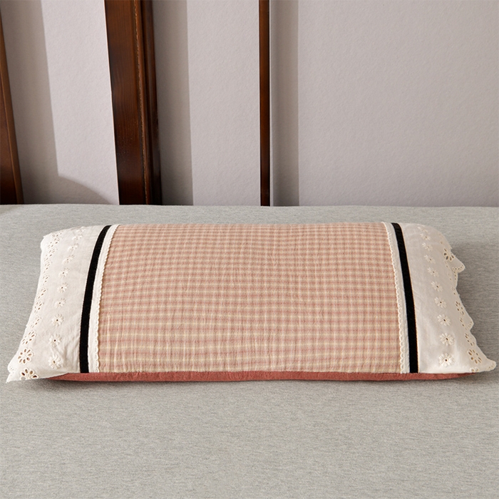 91家纺网 家纺一手货源 找家纺 小桃姐家纺 2025新款花边全棉纯棉双层纱荞麦枕枕芯枕头 粉小格