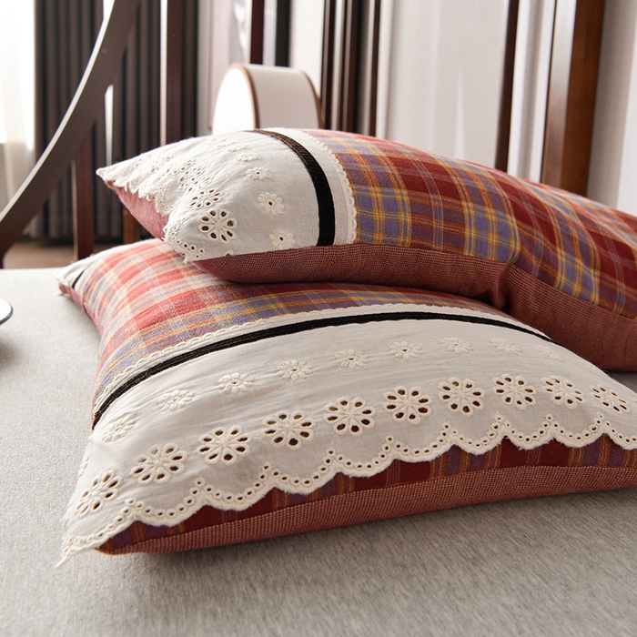 91家纺网 家纺一手货源 找家纺 小桃姐家纺 2025新款花边全棉纯棉双层纱荞麦枕枕芯枕头 红大格