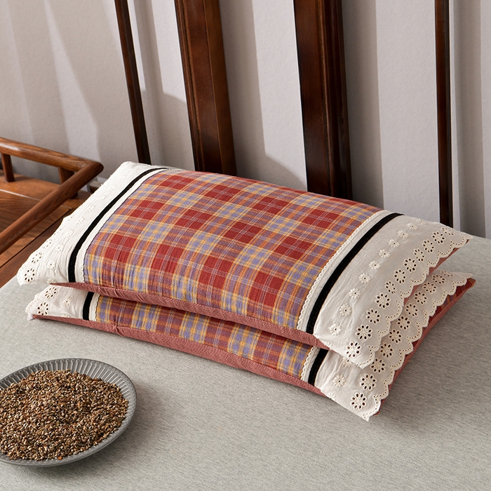小桃姐家纺 2025新款花边全棉纯棉双层纱荞麦枕枕芯枕头 红大格