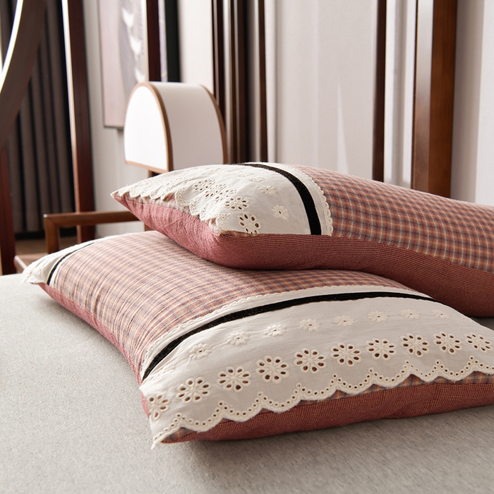 91家纺网 家纺一手货源 找家纺 小桃姐家纺 2025新款花边全棉纯棉双层纱荞麦枕枕芯枕头 红小格