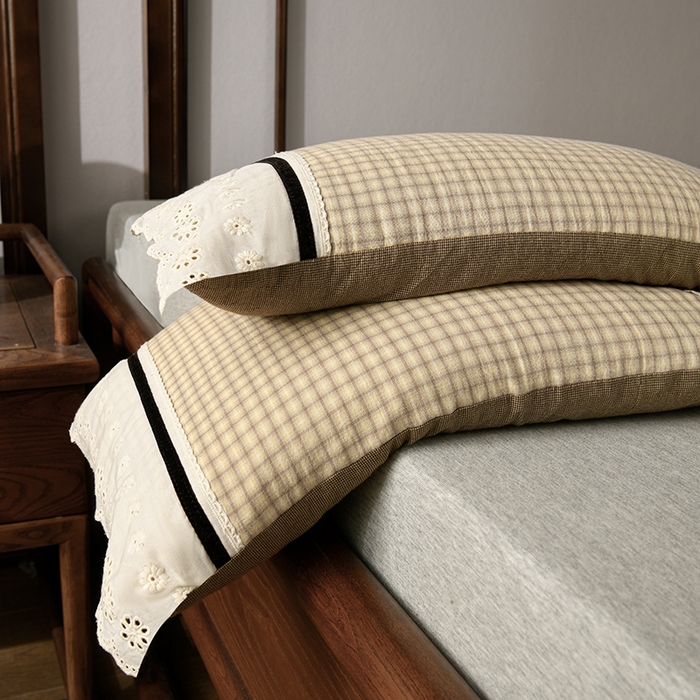 91家纺网 家纺一手货源 找家纺 小桃姐家纺 2025新款花边全棉纯棉双层纱荞麦枕枕芯枕头 黄小格