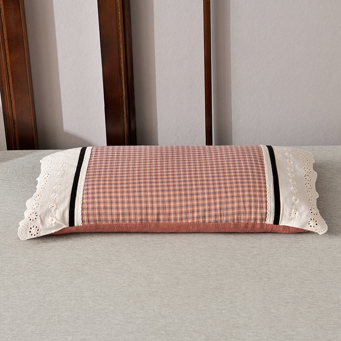 91家纺网 家纺一手货源 找家纺 小桃姐家纺 2025新款花边全棉纯棉双层纱荞麦枕枕芯枕头 红小格