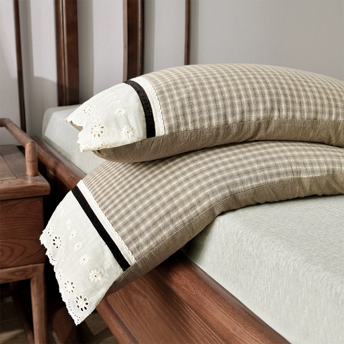 91家纺网 家纺一手货源 找家纺 小桃姐家纺 2025新款花边全棉纯棉双层纱荞麦枕枕芯枕头 绿小格