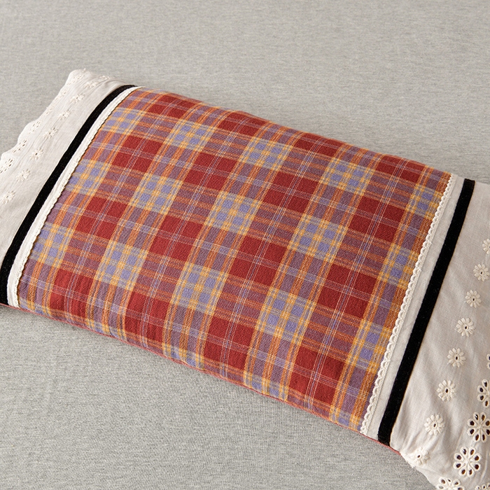 91家纺网 家纺一手货源 找家纺 小桃姐家纺 2025新款花边全棉纯棉双层纱荞麦枕枕芯枕头 红大格