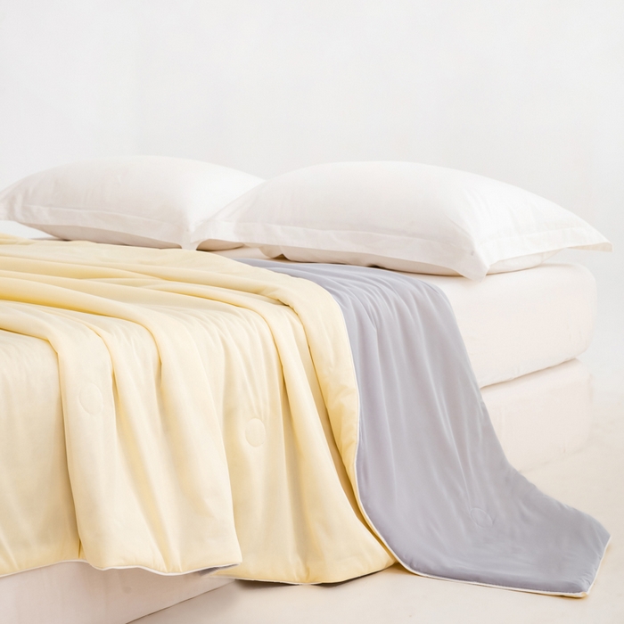 91家纺网 家纺一手货源 找家纺 迪梵家纺 2026新款A类云母凉感丝冰淇淋夏被天丝凉感夏被夏凉被空调被 柠檬黄+灰