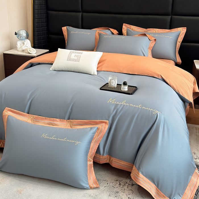 91家纺网 家纺一手货源 找家纺 家居1号家纺 2026春夏新款50双股100支A类长绒棉纯棉巴特系列四件套 巴特-桔蓝