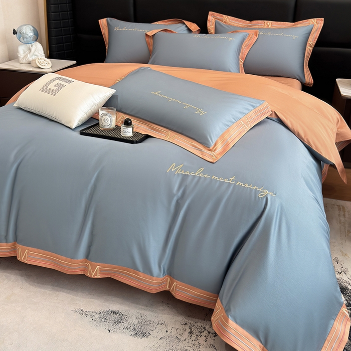 91家纺网 家纺一手货源 找家纺 家居1号家纺 2026春夏新款50双股100支A类长绒棉纯棉巴特系列四件套 巴特-桔蓝